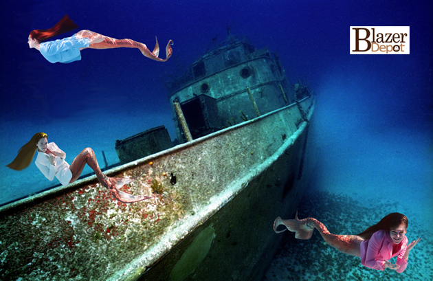 mermaids swimming underwater shipwreck